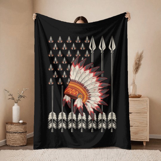 Native American Chief Traditional US Flag Throw Blankets