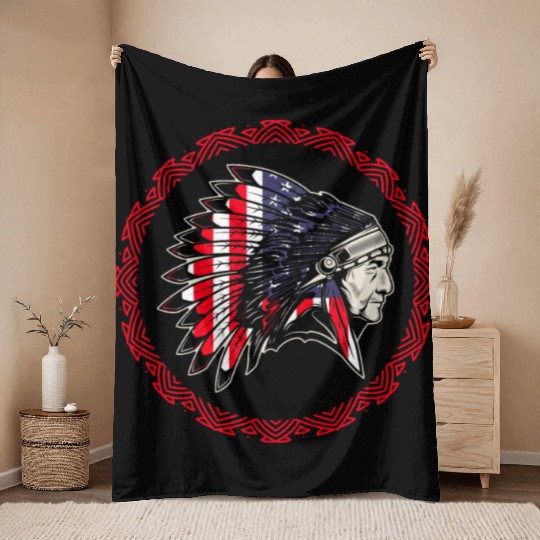 Native American Chief US Flag Indian Throw Blankets
