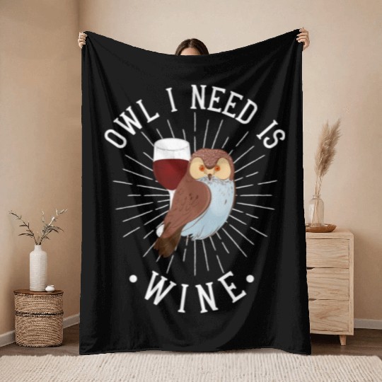 Owl Wine Drinking Women Owl Lover Throw Blankets