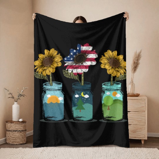 American Sunflower Women Patriotic Mom Throw Blankets