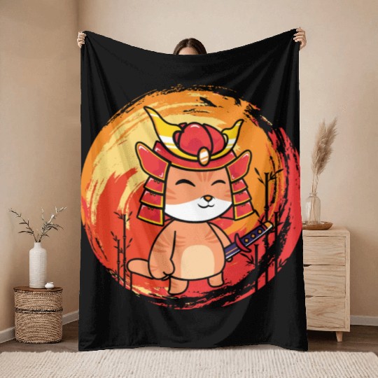 cute cat with samurai helmet and sword Throw Blankets cats