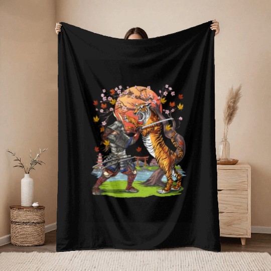 Japanese Tiger Samurai Warrior Throw Blankets