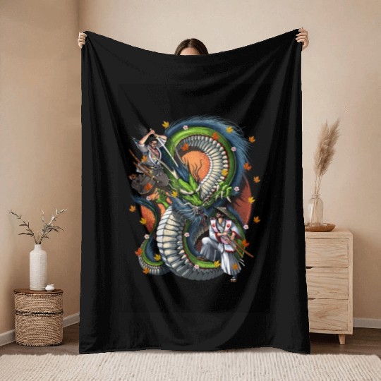 Japanese Dragon Samurai Warrior Battle Throw Blankets