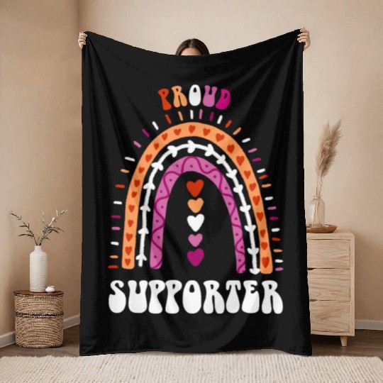 Proud Supporter Lesbian Pride Boho Rainbow Throw Blankets