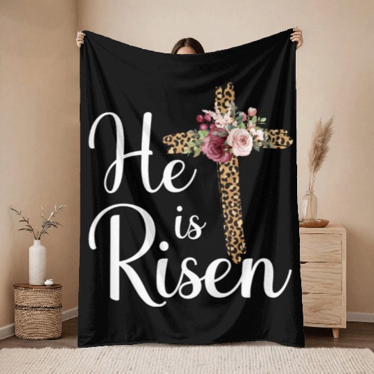 He Is Risen Jesus Christ Cross Easter Sunday Throw Blankets
