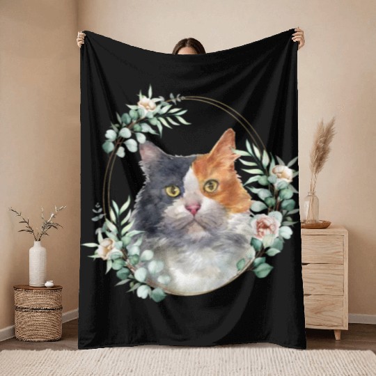 Calico Cat in a Floral Gold Wreath Frame Throw Blankets
