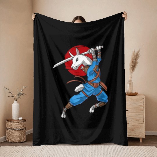 Llama Ninja Samurai Throw Blankets