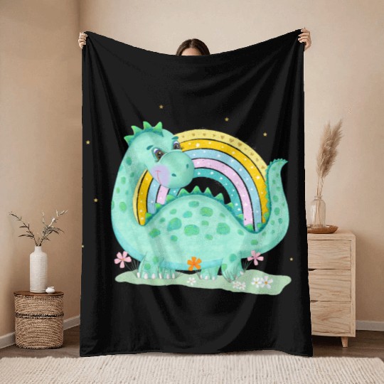 Dinosaur with Rainbow and Flowers Throw Blankets