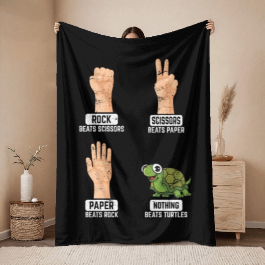 Rock Paper Scissors Nothing Beats Turtles Funny Tu Throw Blankets