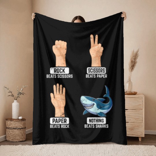 Rock Paper Scissors Nothing Beats Sharks Funny Sha Throw Blankets