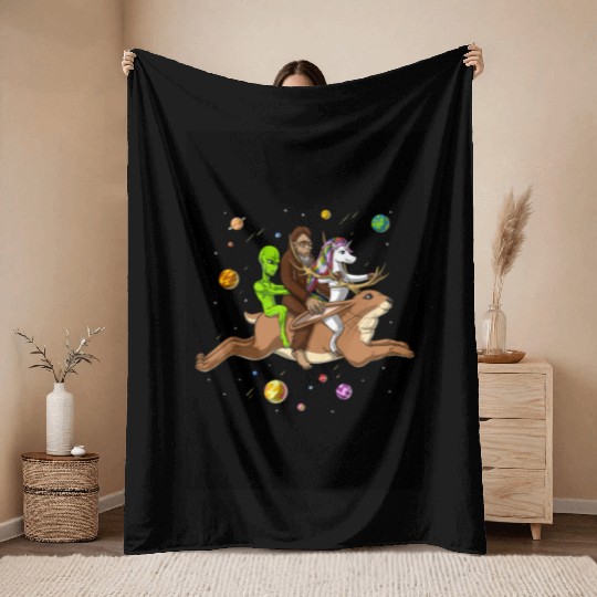 Alien Bigfoot Unicorn Riding Jackalope Throw Blankets