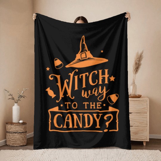 Witch Way To The Candy Hat Halloween Holiday Throw Blankets