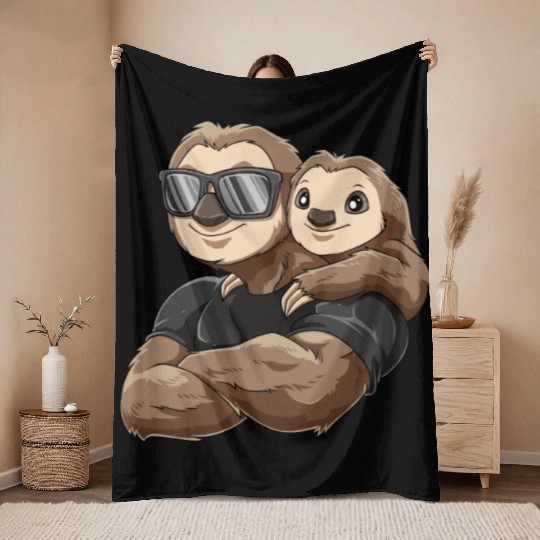 Strong sloth with baby sloth child for a Sloth Throw Blankets