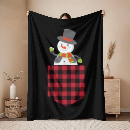 Christmas Cute Snowman In Buffalo Plaid Pocket Throw Blankets