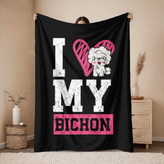 I Love My Bichon Frise Curly Hair Pup Puppy Lover Throw Blankets