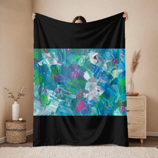 Abstract Blue Teal Brushstrokes Painting Throw Blankets