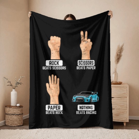 Rock Paper Scissors Nothing Beats Racing Funny Rac Throw Blankets