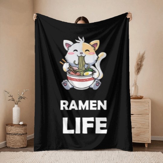 ramen life cat eat Throw Blankets