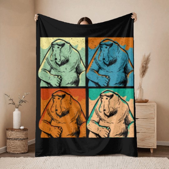 Retro Proboscis Monkey Ape Wildlife Zookeeper Throw Blankets