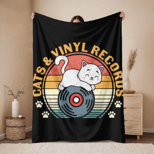 Cats and vinyl records Throw Blankets