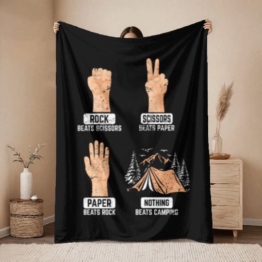 Rock Paper Scissors Nothing Beats Camping Funny Ca Throw Blankets