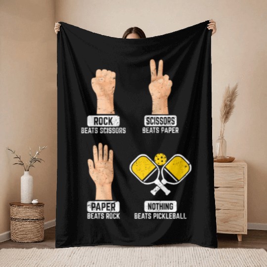 Rock Paper Scissors Nothing Beats Pickleball Playe Throw Blankets