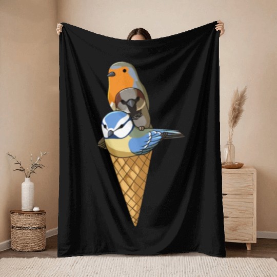 Funny Birds Ice Cream Robin, Blue Tit and House Throw Blankets