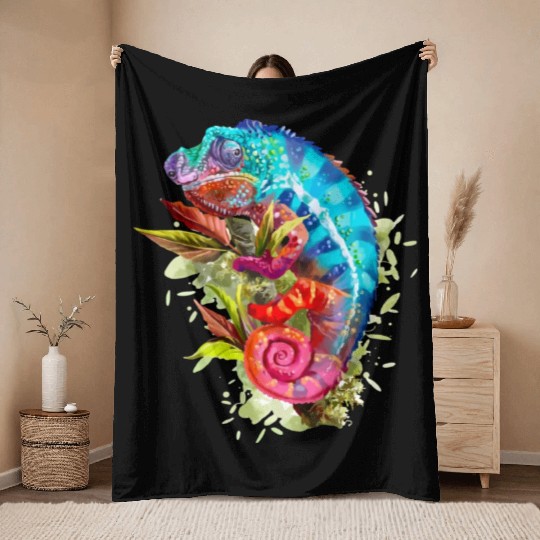 A chameleon is sitting on a branch 11 1 Throw Blankets