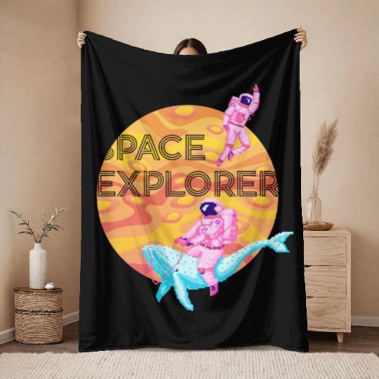 Space Explorer Two Astronauts and A Blue Whale Throw Blankets
