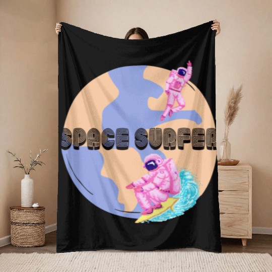 Space Surfer Two Astronauts and Planet Earth Throw Blankets