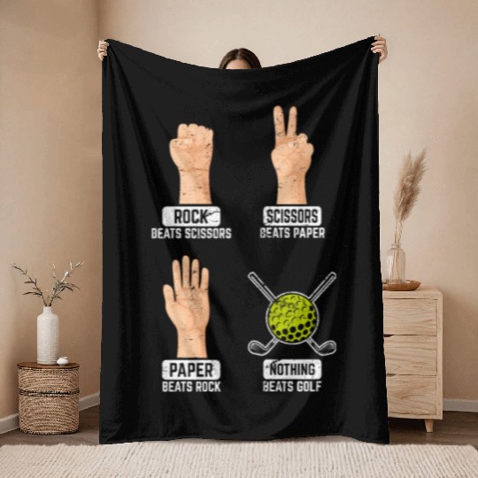 Rock Paper Scissors Nothing Beats Golf Funny Golfi Throw Blankets