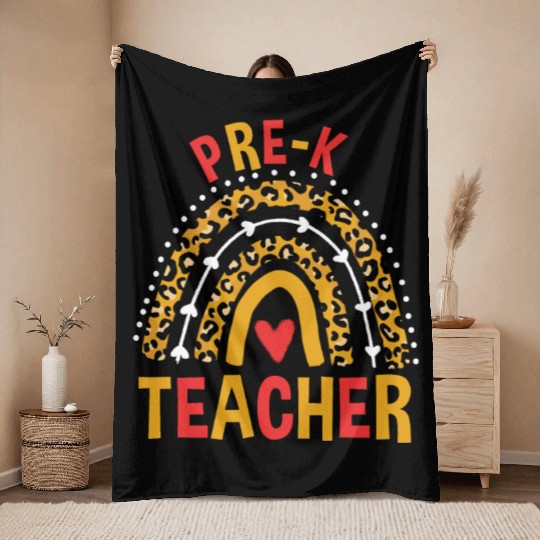 Back To School Leopard Pre-K Teacher Rainbow Throw Blankets
