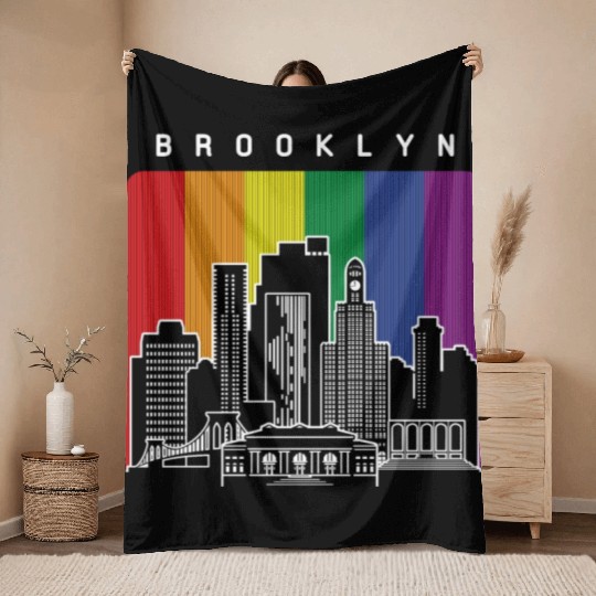 Brooklyn New York Skyline Rainbow Flag Throw Blankets