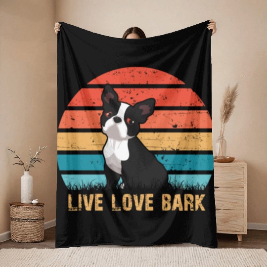 Live Love Bark Retro Vintage Boston Terrier Funny Throw Blankets