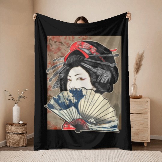 Vintage Cherry Blossom Japanese Geisha Girl Throw Blankets