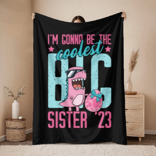 Coolest Big Sister 2023 Baby Pregnancy Dino Girls Throw Blankets