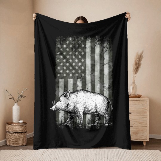 Patriotic Wild Boar Hunting Season For Hog Throw Blankets