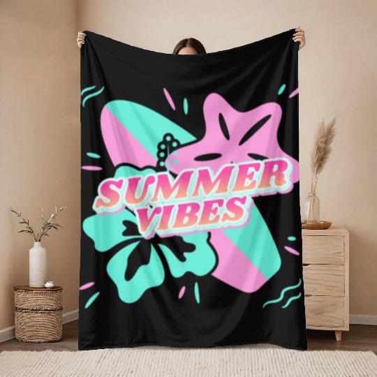 Summer Vibes - Beach, surf, hibiscus and starfish Throw Blankets