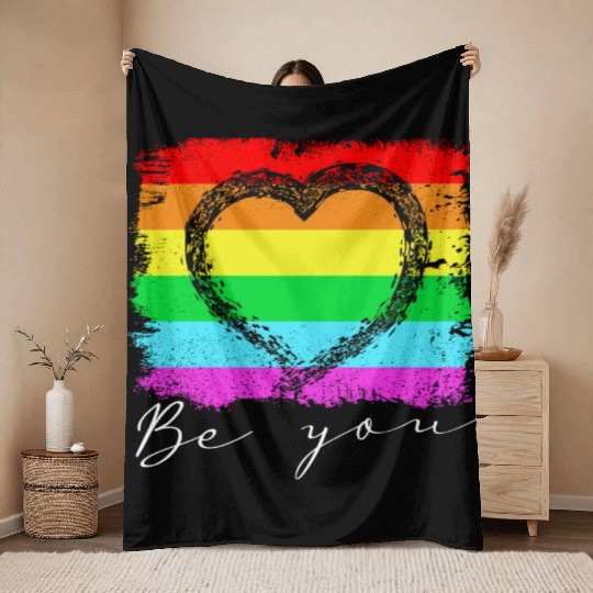Be you - Rainbow Heart Love Gay LGBTQ Tolerance Throw Blankets