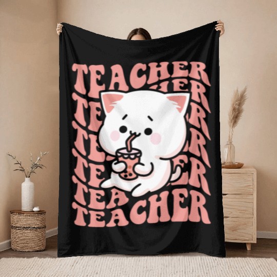 Boba Tea Teacher Cute Kawaii Cat Back To School Throw Blankets