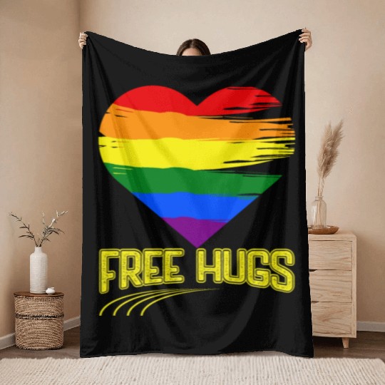 Free Hugs - Heart Festival Love LGBT Pride Rainbow Throw Blankets