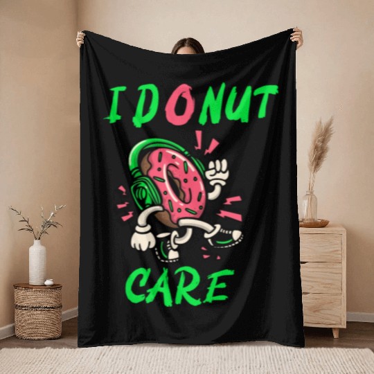 I Don't Care Typography With Funny Donut Throw Blankets
