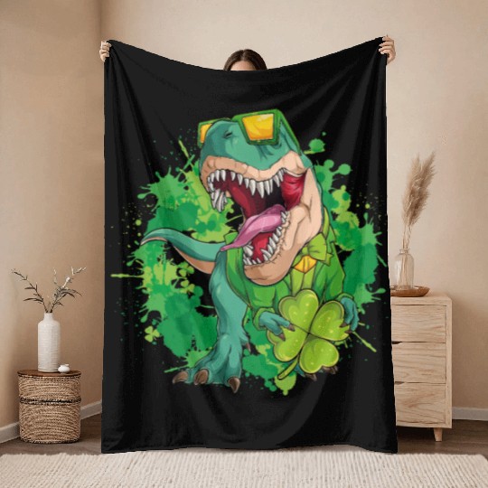 St Patrick s Day Dinosaur Trex Throw Blankets