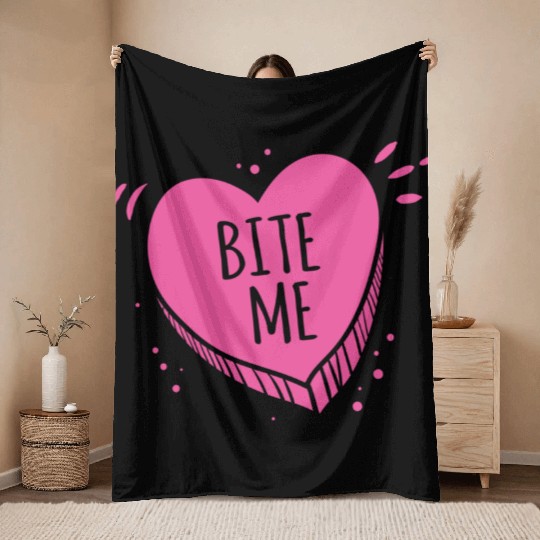 Bite Me Candy Heart Valentines Day Pink Sweet Gift Throw Blankets