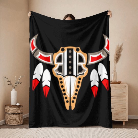 Native American Buffalo Skull for Tribal Art Lover Throw Blankets