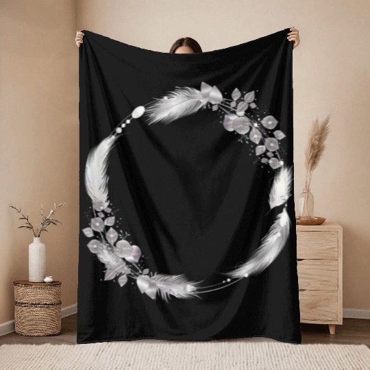 delicate frame of silver colored feathers & leaves Throw Blankets