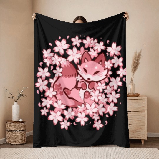 Cherry Blossom Fox Throw Blankets