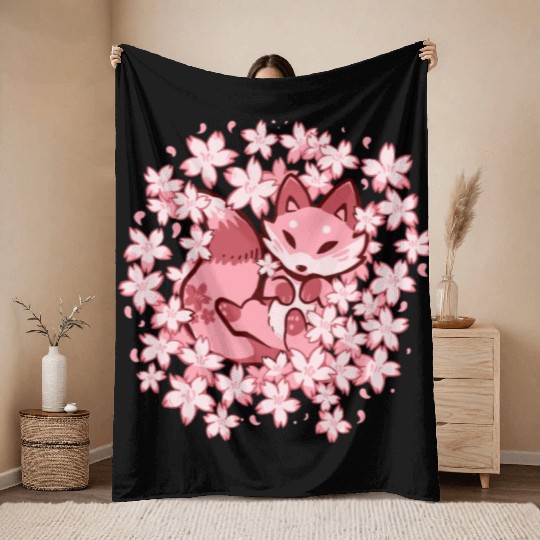 Cherry Blossom Fox Throw Blankets