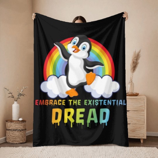 Embrace The Existential Dread Penguin Rainbow Throw Blankets