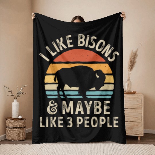 I Like Bisons and Maybe 3 People Retro Sunset Vint Throw Blankets